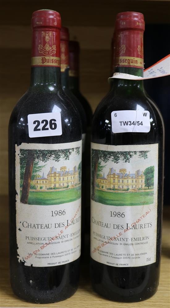 Six bottles of Chateau des Laurets, Puisseguin St Emilion, 1986.